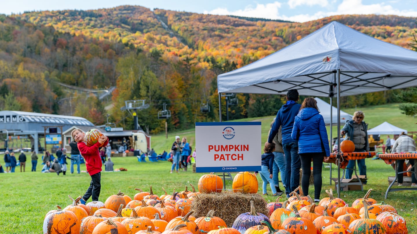 Okemo Mountain Resort’s Fall into Winter Festival runs Oct. 13, with hayrides, face painting, a dunk tank, live music, and pumpkin decorating, as pictured here.