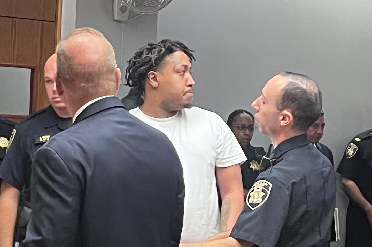 Nelson J. Pires is arraigned on felony child endangerment charges after prosecutors and Providence police say his argument and pursuit of strangers led to the fatal shooting of his 7-year-old daughter Ny’Eil Kelley Pires.