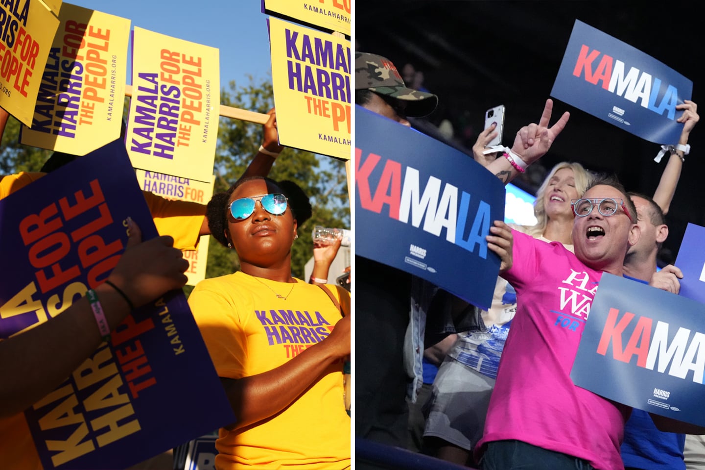 Harris's campaign color scheme has shifted from purple, yellow, and red in the 2020 cycle (left) to a more traditional palette of red, white, and blue in 2024.