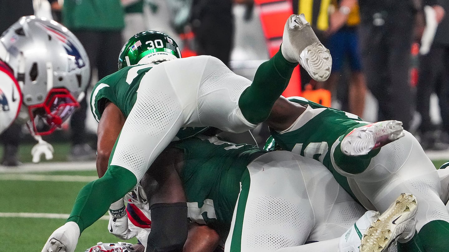 The Patriots' offensive line allowed seven sacks in Thursday night's loss to the Jets.