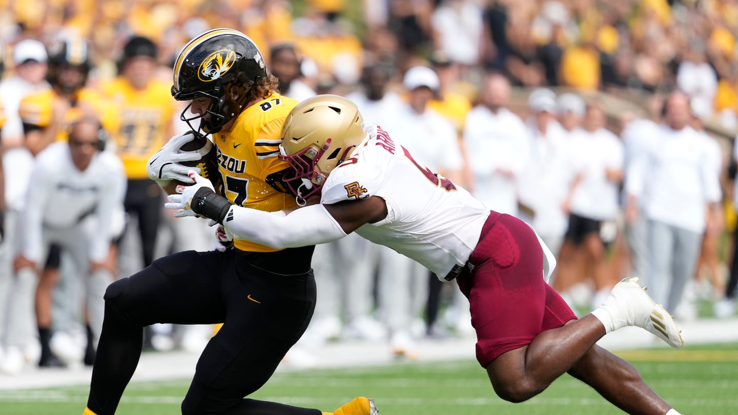 BC's Cam Arnold (right) took down Missouri tight end Brett Norfleet in last Saturday's 27-21 loss to the Tigers.