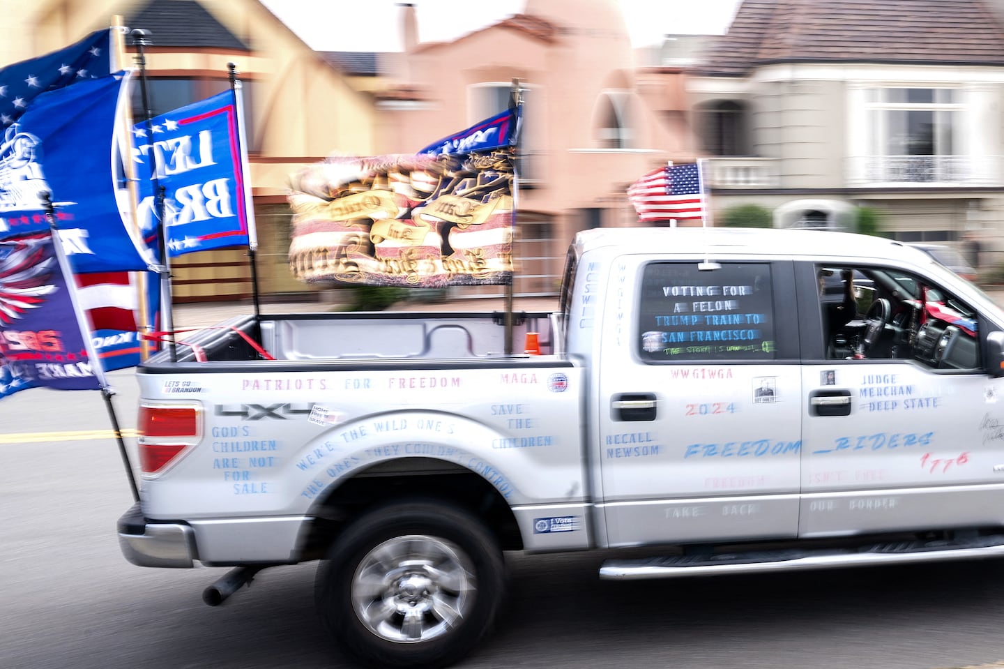 A truck drove by as supporters rallied in anticipation of Donald Trump's arrival for a fund-raising event in San Francisco, on June 6.