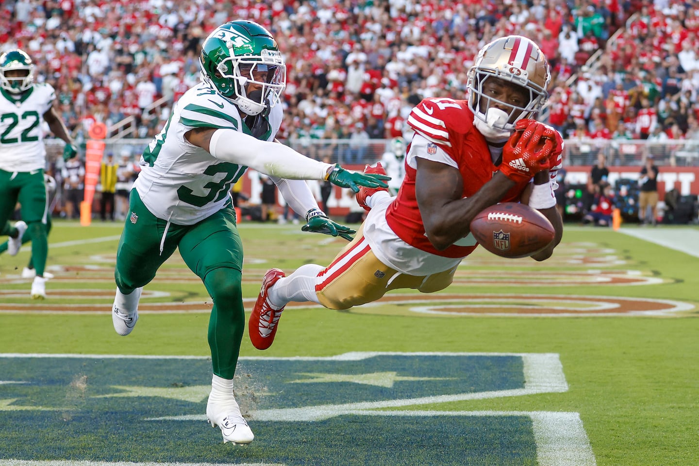 Wide receiver Brandon Aiyuk has six catches for 71 yards and no touchdowns, through two games for the 49ers, plus one bad drop in the end zone against the Jets.