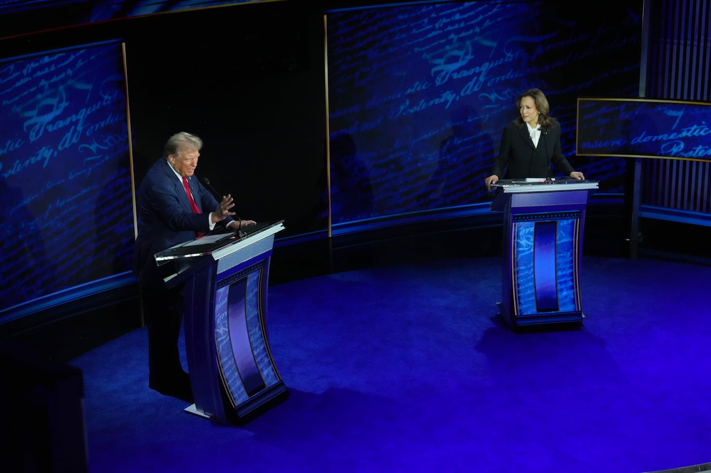 Former president Donald Trump and Vice President Kamala Harris during their presidential debate at the National Constitution Center in Philadelphia on Sept. 10.