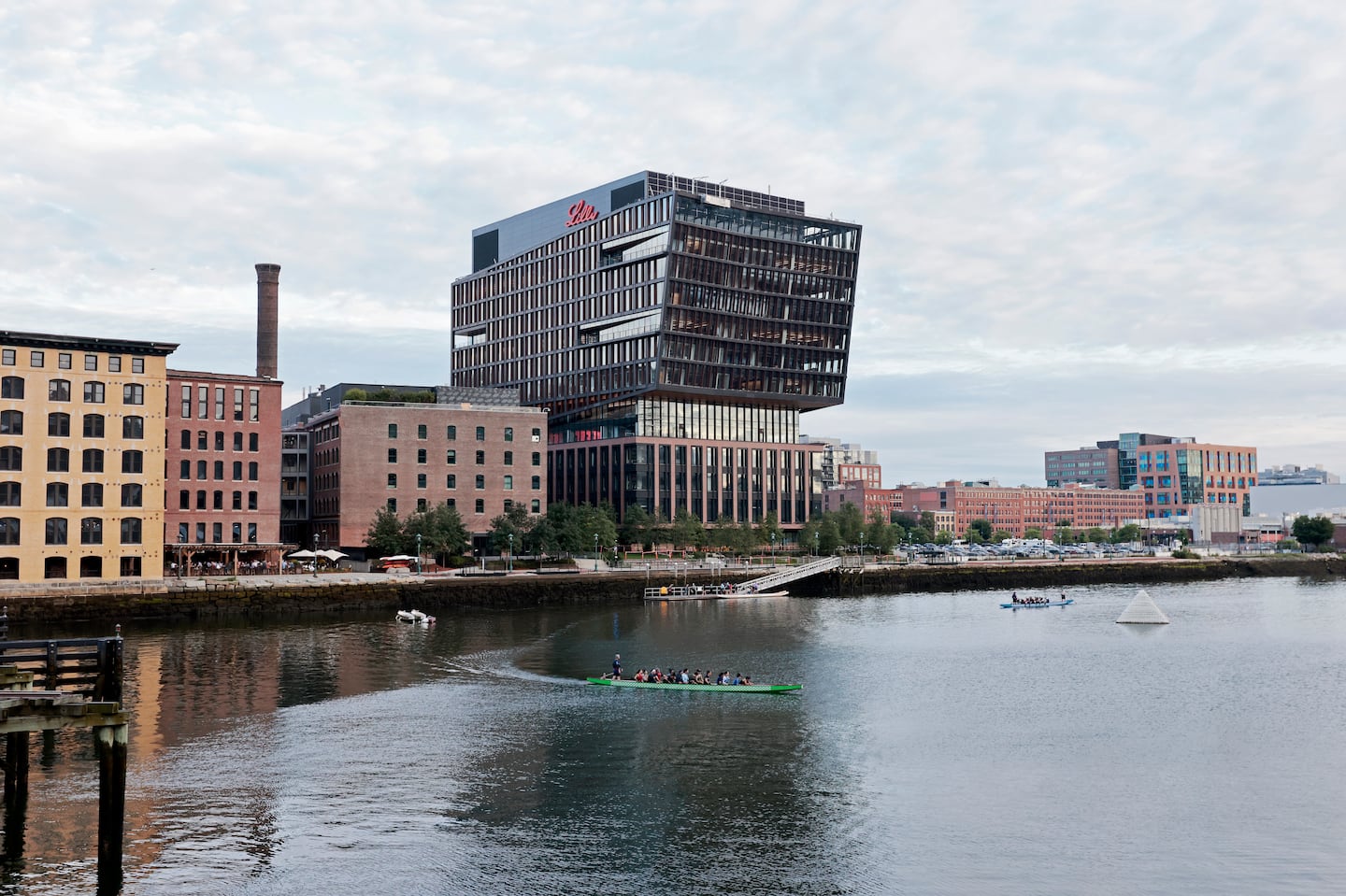 The newly opened 12-story Eli Lilly life sciences building at 15 Necco St. includes rain gardens and public seating.