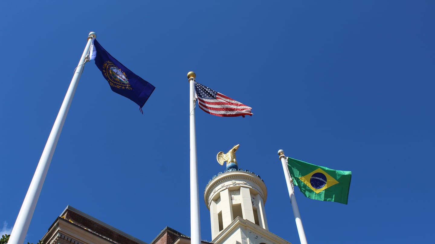 One of the flagpoles outside Nashua City Hall, shown here flying the Brazilian flag on Sept. 10, 2024, three days after Brazil's Independence Day, features a rotating array of flags in support of various causes, anniversaries, and symbols of cultural heritage. The city's refusal to fly certain flags sparked a federal lawsuit.