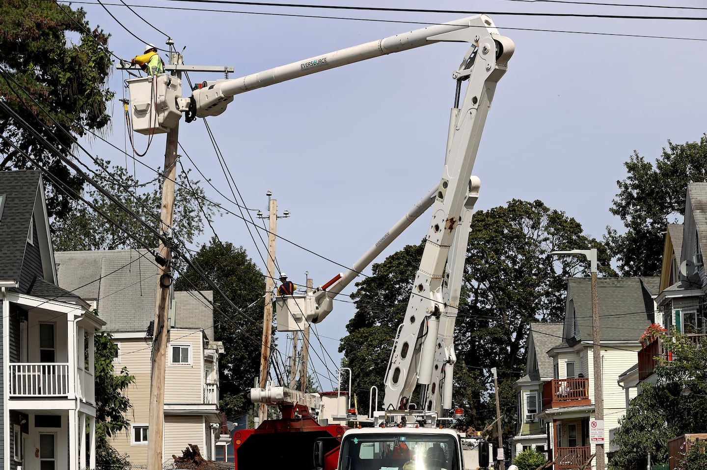 Eversource crews work on power lines in Dorchester in 2023.