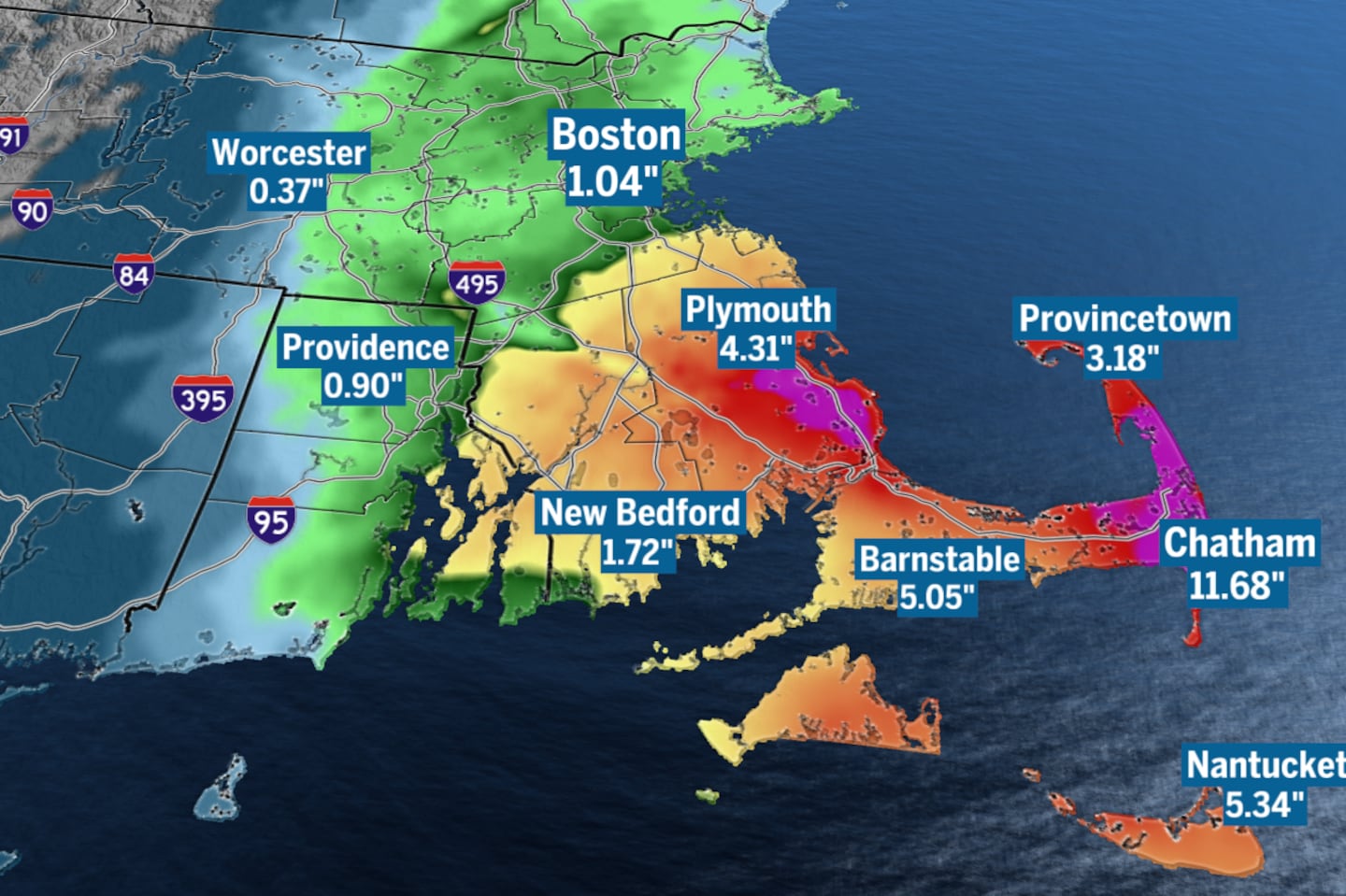 A persistent offshore low pressure finally dislodged from its three-day hold over the region after several rounds of showers across much of southeastern New England.