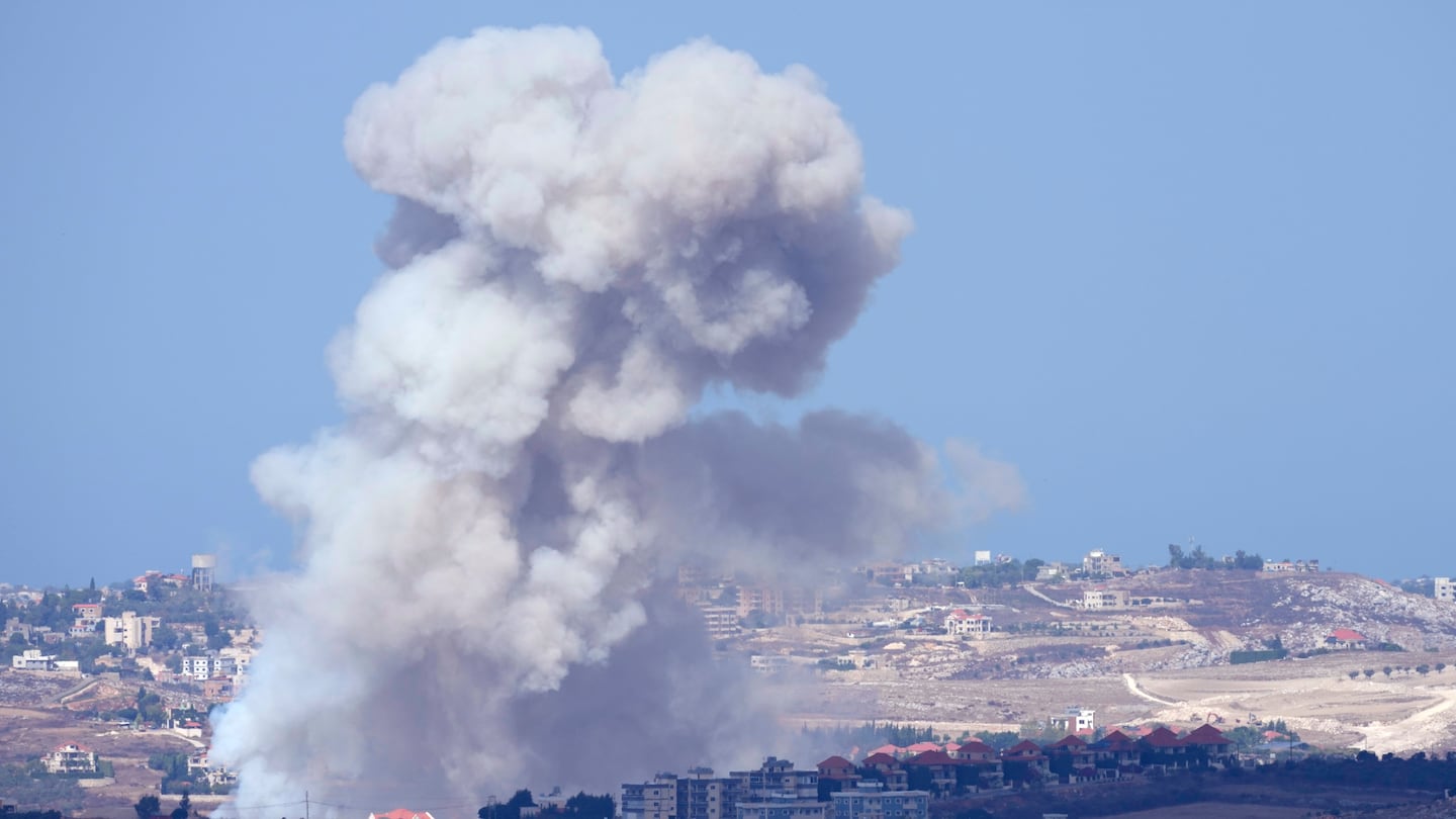 Smoke rises from Israeli airstrikes on villages in the Nabatiyeh district, seen from the southern town of Marjayoun, Lebanon, Monday, Sept. 23, 2024.