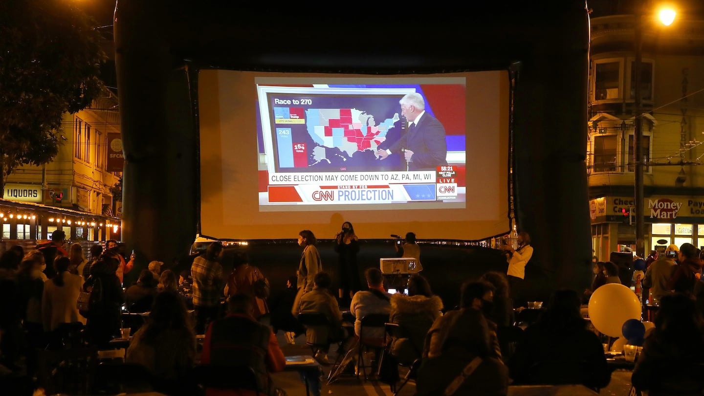 An election night watch party in San Francisco on Nov. 3, 2020.