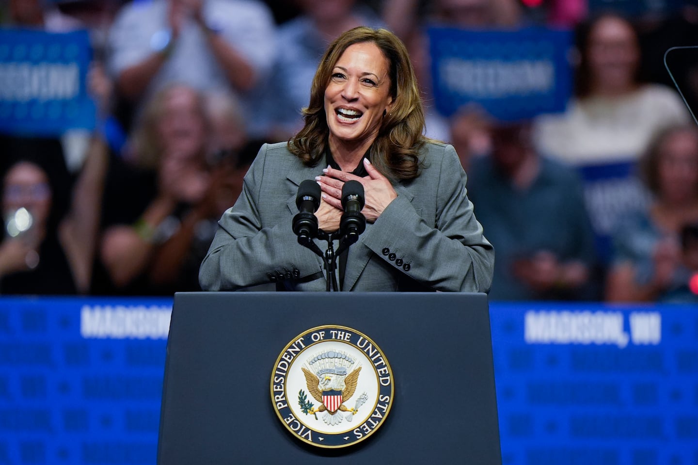 Democratic presidential nominee Vice President Kamala Harris speaks at a campaign event Sept. 20, 2024, in Madison, Wis.