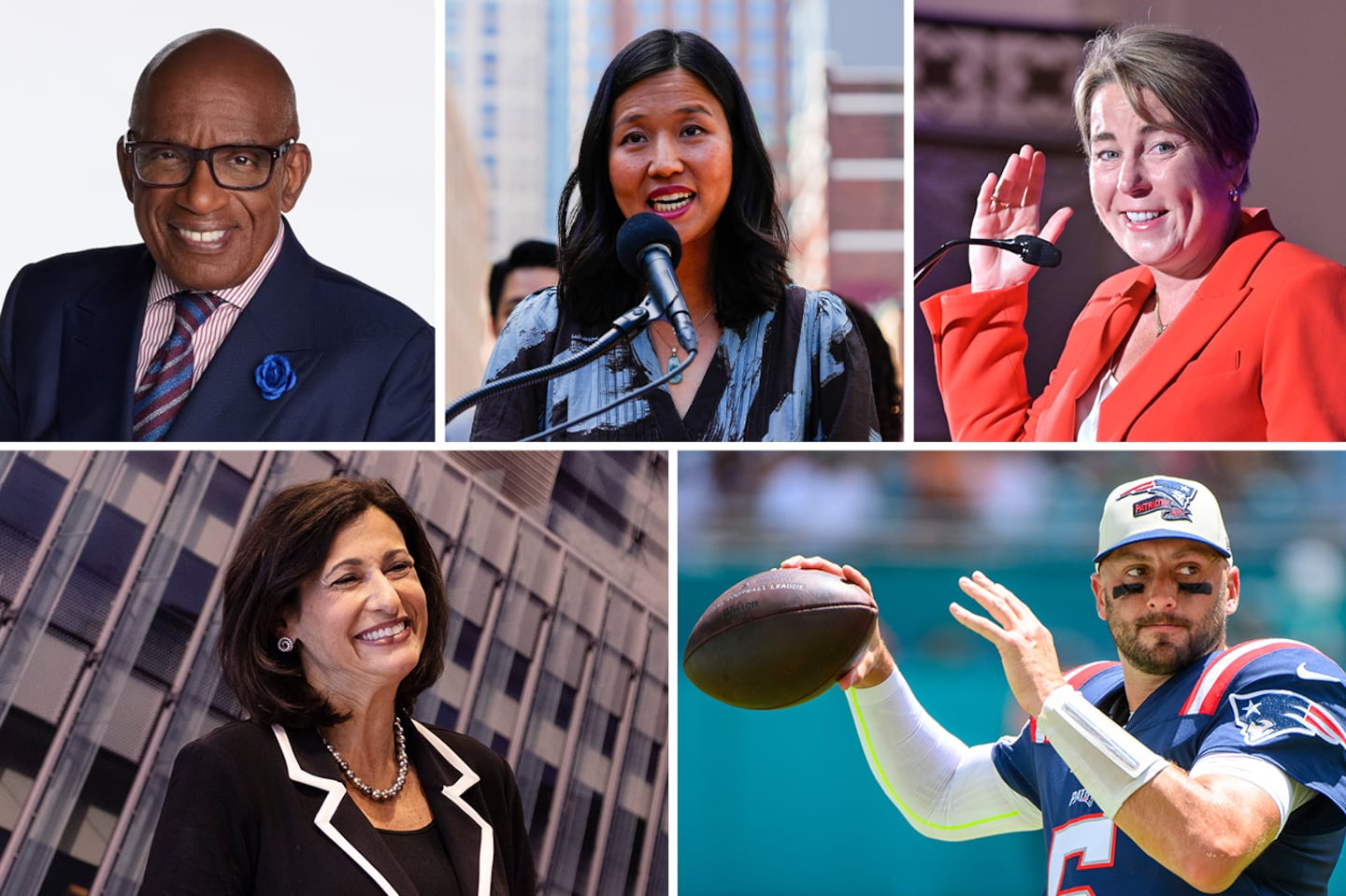 Clockwise, from top left: Al Roker, Michelle Wu, Maura Healey, Brian Hoyer, and Rochelle Walensky are speaking at the 2024 Globe Summit.