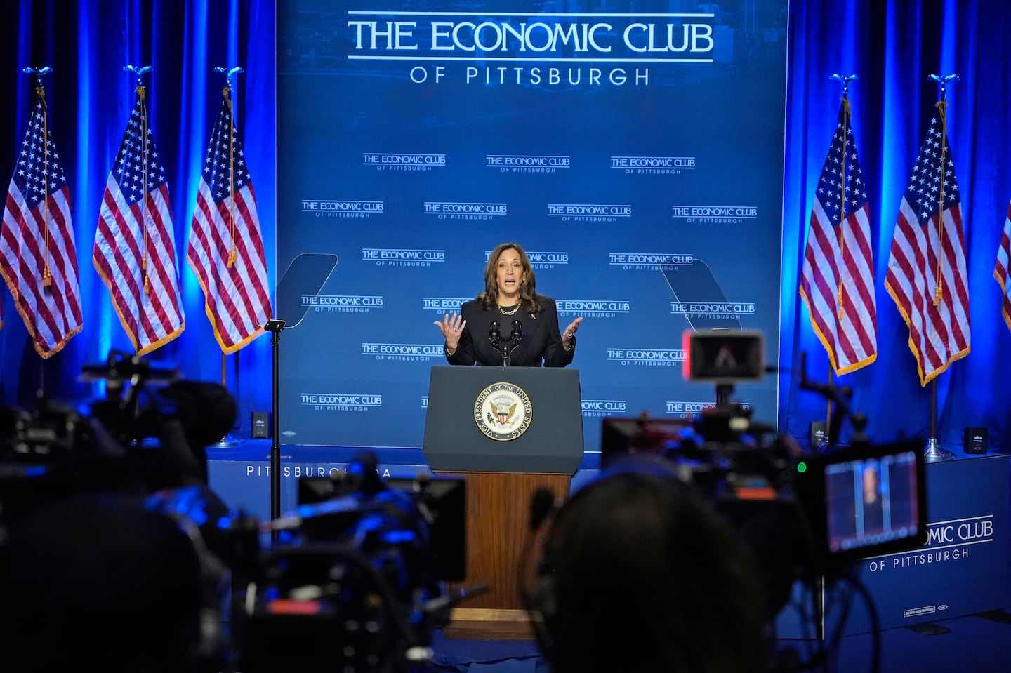 Vice President Kamala Harris addresses the Economic Club of Pittsburgh on the Carnegie Mellon University campus in Pittsburgh, Wednesday, Sept. 25, 2024.