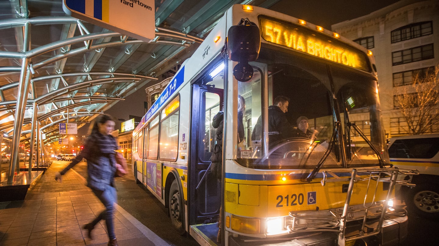 A passenger rushed to catch the 57 bus at 2:25 a.m. at Kenmore Station in March 2014 during the first night of the MBTA's pilot late-night service extension (from 1 a.m. to 2:30 a.m. on Friday and Saturday nights). T officials shut the program down two years later, citing a lack of ridership and high costs.