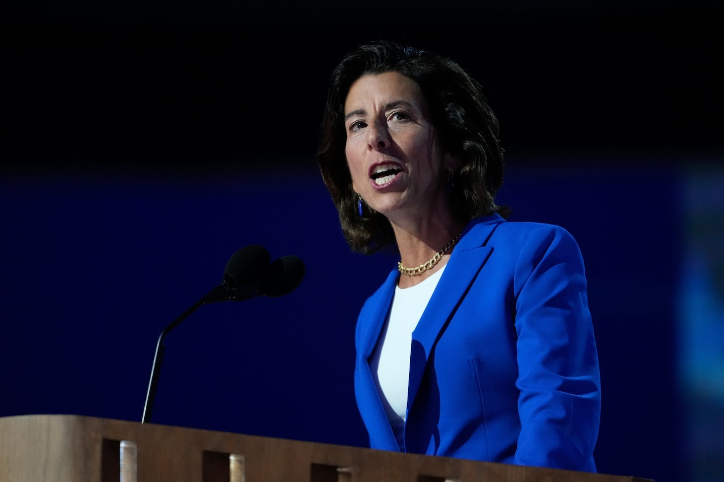 Gina Raimondo, US Secretary of Commerce, speaks during the Democratic National Convention on Aug. 19, 2024, in Chicago.