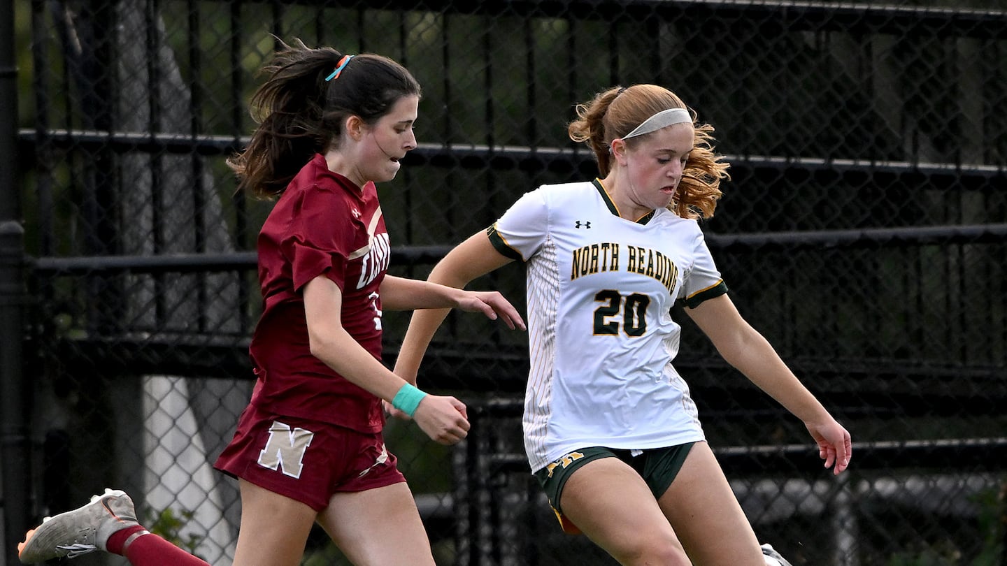 Alison Lanciani (right) has proven to be adept as an attacking striker, and when called upon, as a defending center back for unbeaten North Reading.