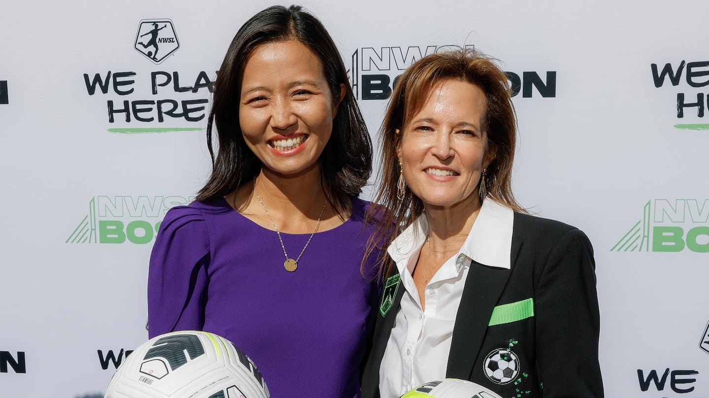 Boston Mayor Michelle Wu (left) appeared with Jennifer Epstein, controlling partner of Boston Unity Soccer Partners, when it was announced in 2023 that the city would get an NWSL expansion team.