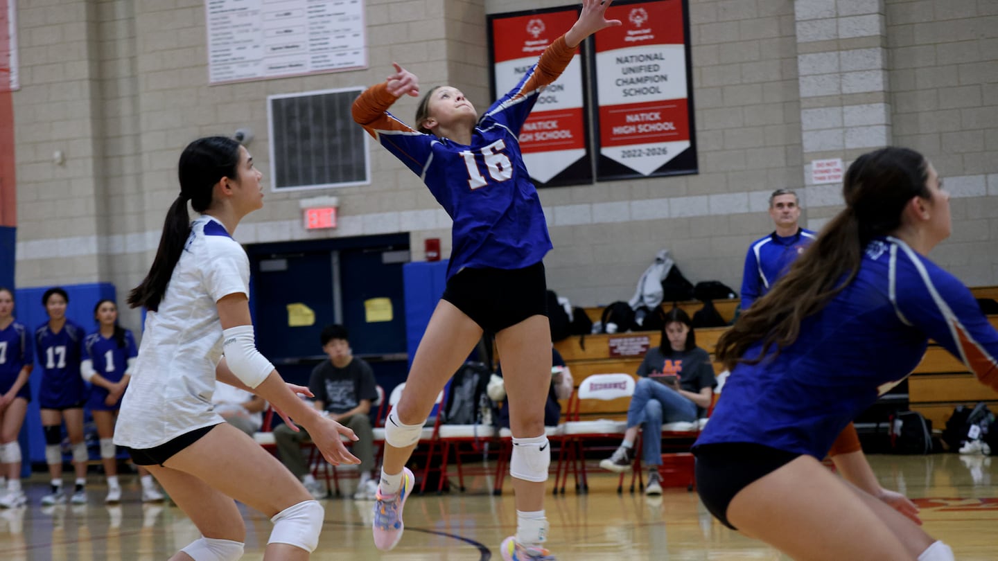 Kenzie Posadas (16), who arrived in July from Long Grove, Illinois, leads Newton South in kills.