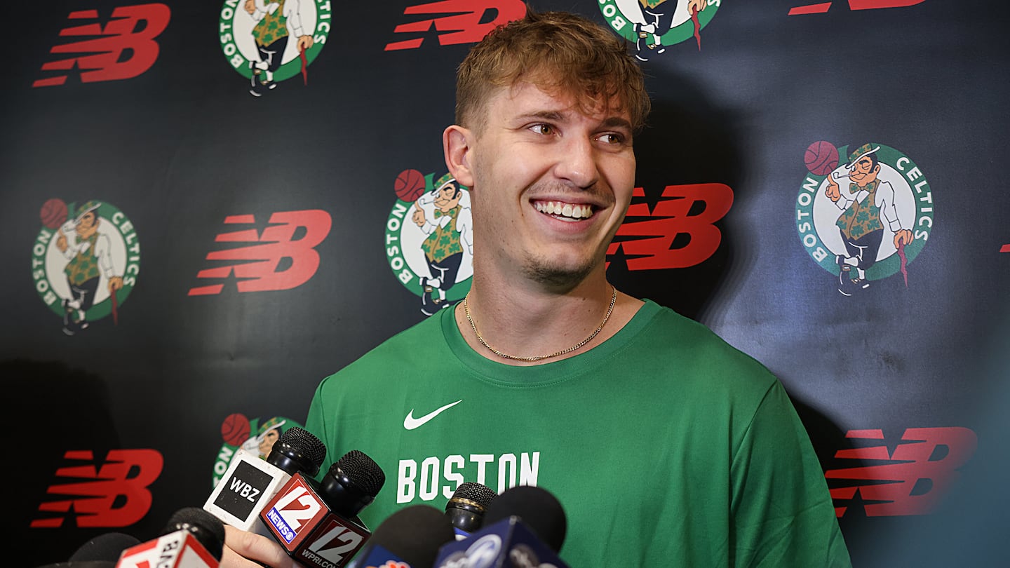 Guard Baylor Scheierman, the Celtics' first-round draft pick out of Creighton, meets the media at the Boston Celtics Auerbach Center.