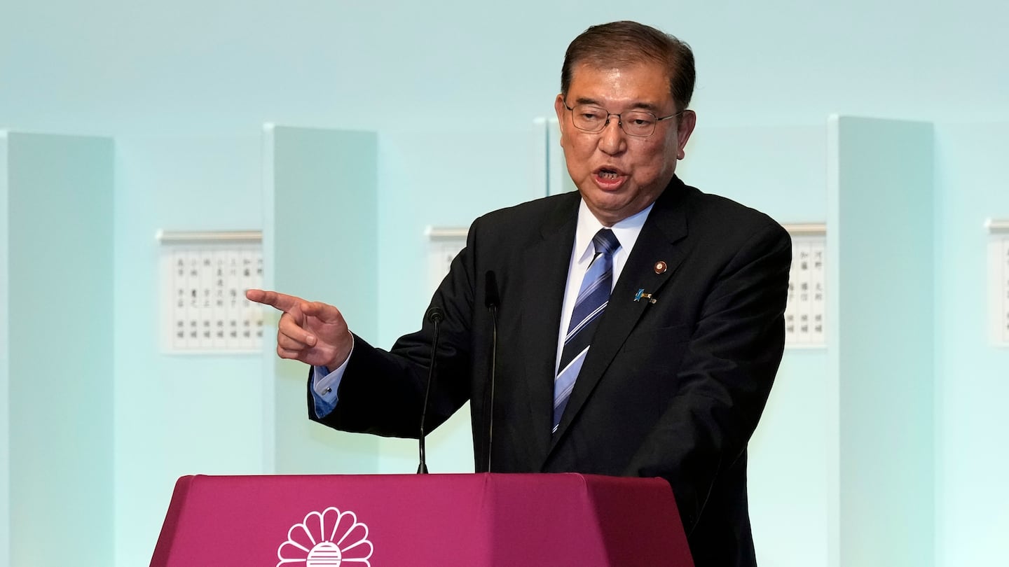 Shigeru Ishiba speaks before a runoff election at the Liberal Democratic Party's leadership election, Sept. 27, at the party headquarters in Tokyo.