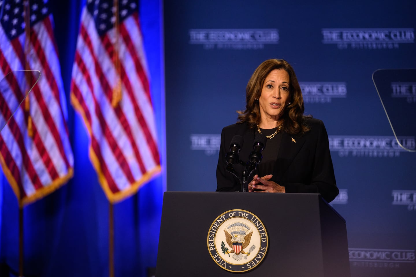 Vice President Kamala Harris speaks at a campaign event at Carnegie Mellon University on Wednesday.