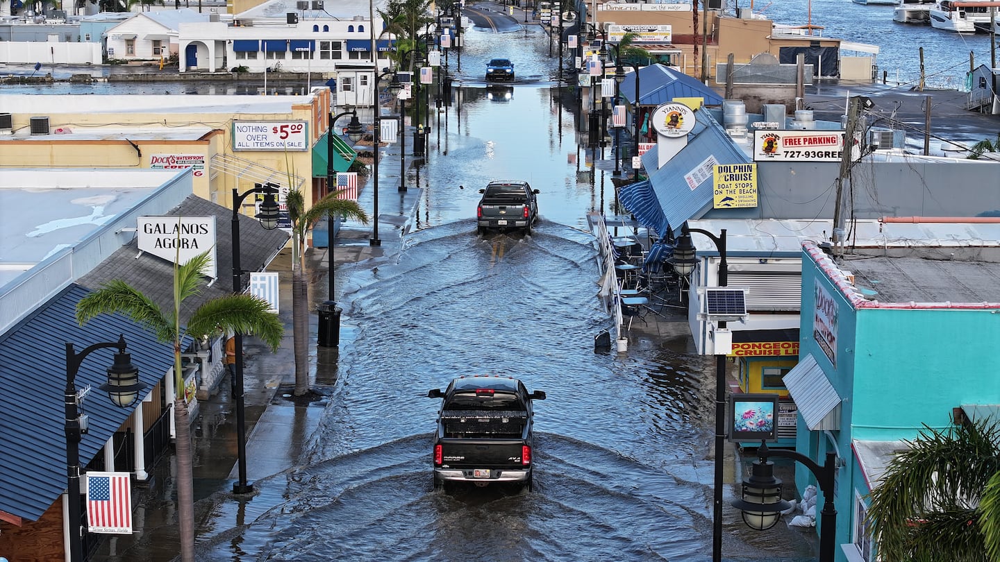 Flood waters inundate the main street after Hurricane Helene passed offshore on September 27, 2024 in Tarpon Springs, Florida.