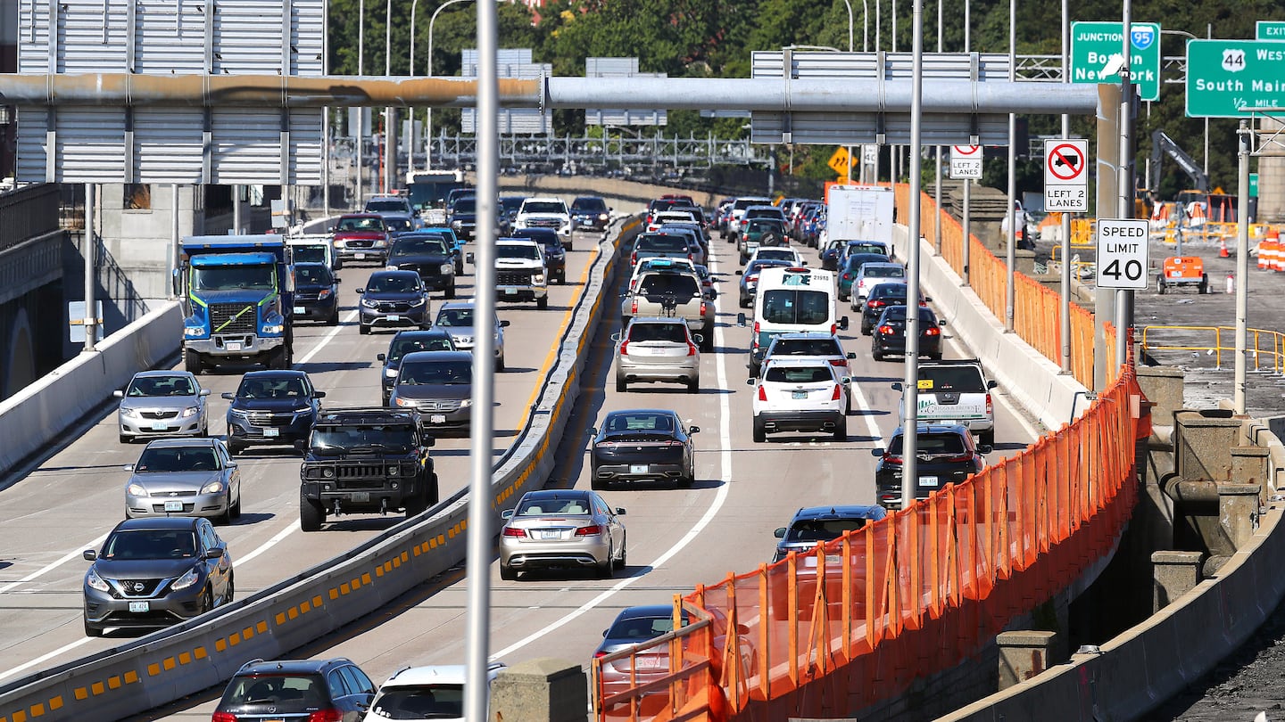 The Washington Bridge on I-195 West, far right, closed abruptly on Dec. 11, 2023. Westbound lanes are shifted onto the eastbound side as demolition continues.