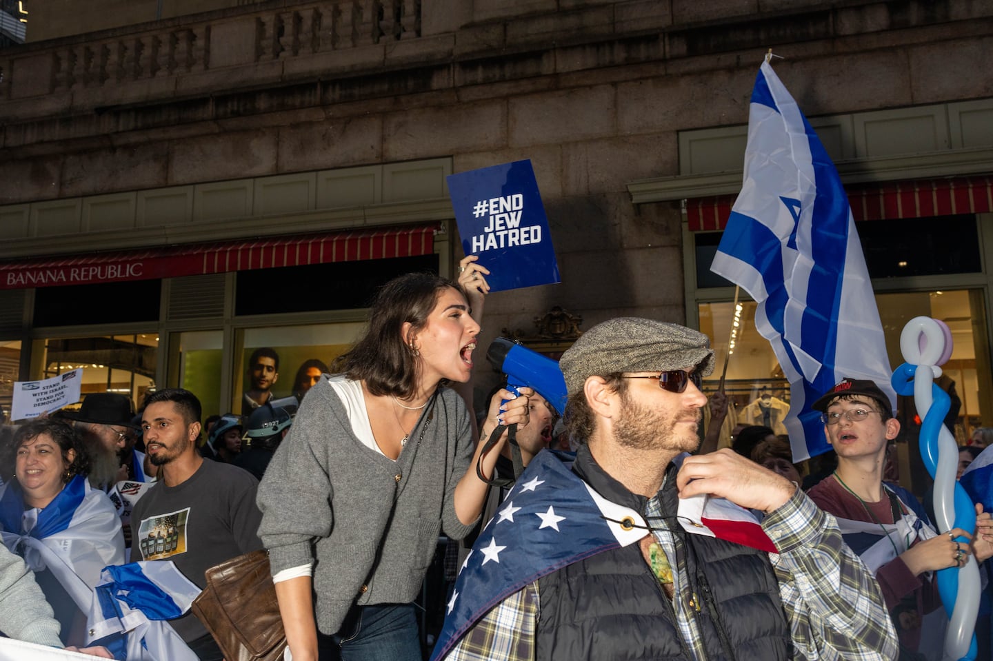 Pro-Israel demonstrators in New York City hold up a sign that says #EndJewHatred during the United Nations General Assembly on Thursday. The polarization surrounding the war in Gaza has led to a rise in antisemitism, according to a watchdog group.