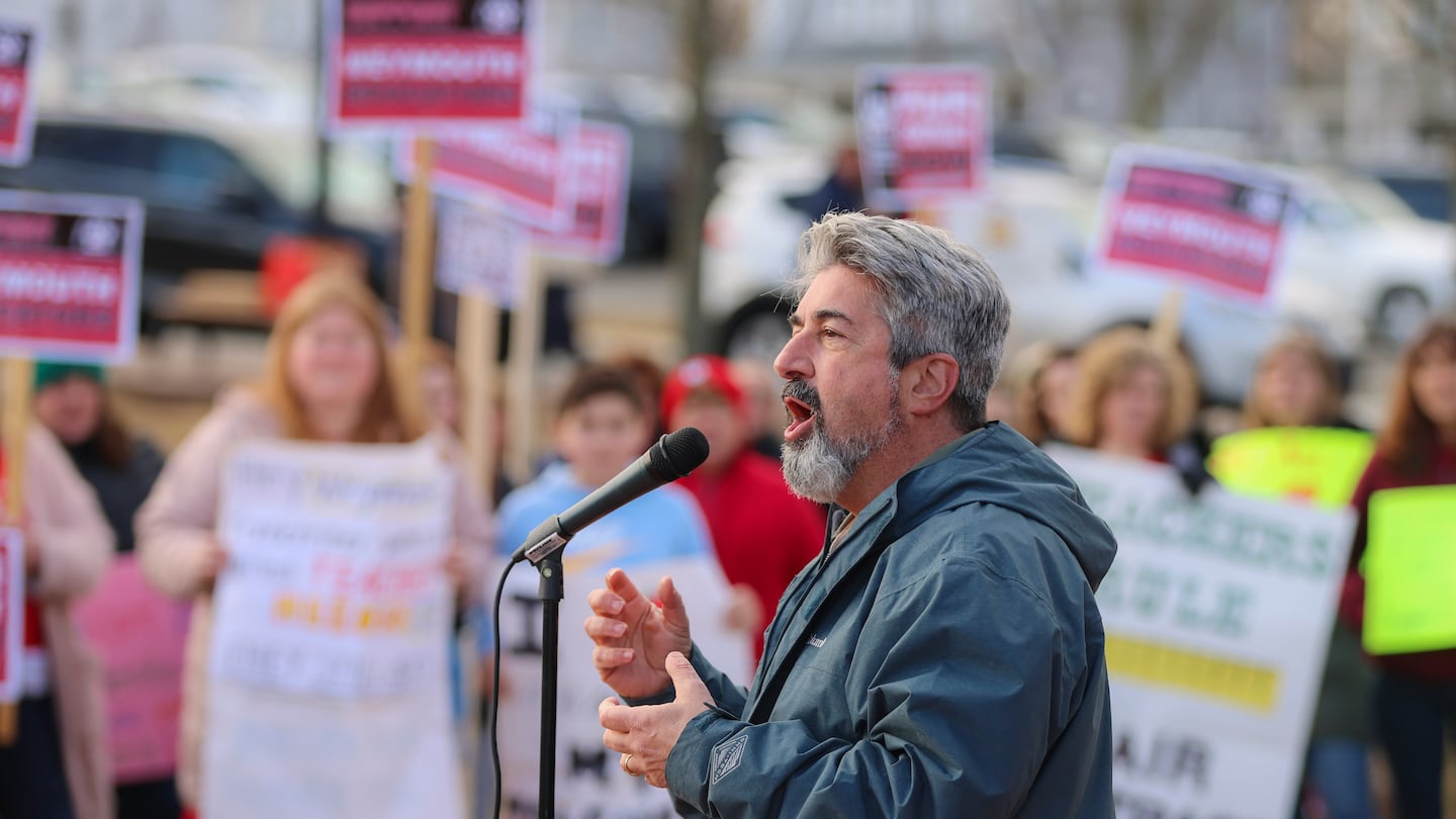 Max Page, president of the Massachusetts Teachers Association, spoke at a rally for a fair teachers contract outside of the Weymouth Town Hall, March 2, 2023.