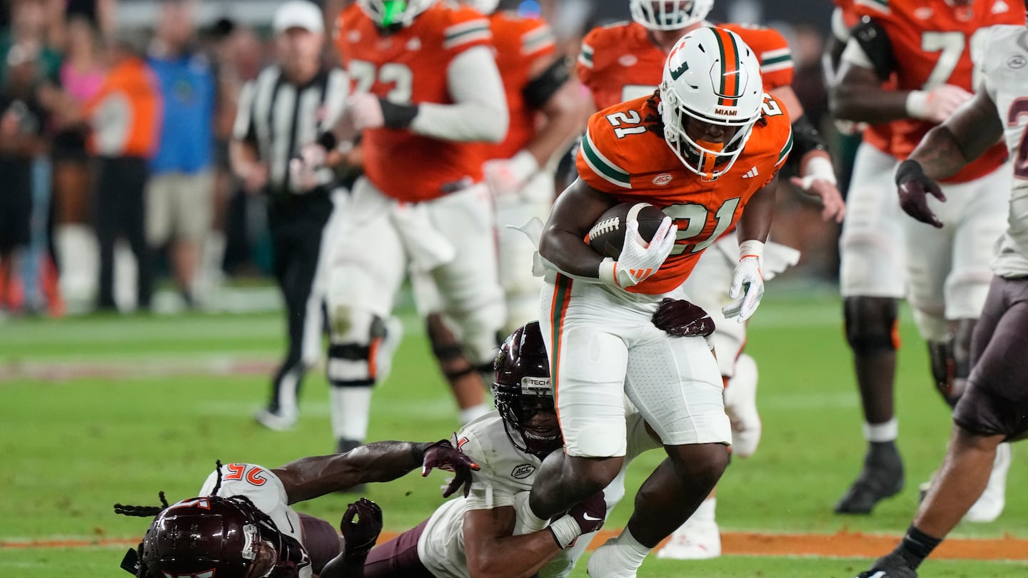 Miami running back Jordan Lyle could barely escape Virginia Tech's grasp, and the same was true for the Hurricanes as a team.