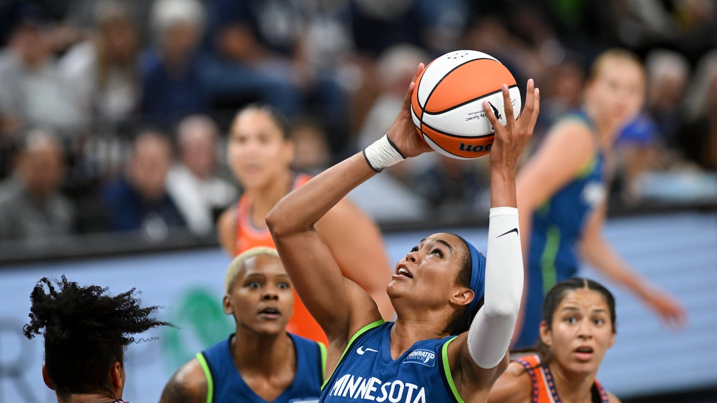 Minnesota forward Napheesa Collier (24), shown in the July 4 contest against the Sun in the Commissioner's Cup, has scored 80 points in two playoff games this season, but will be hard pressed to continue that prowess against Connecticut's tough defense in their WNBA Playoff semifinal series.