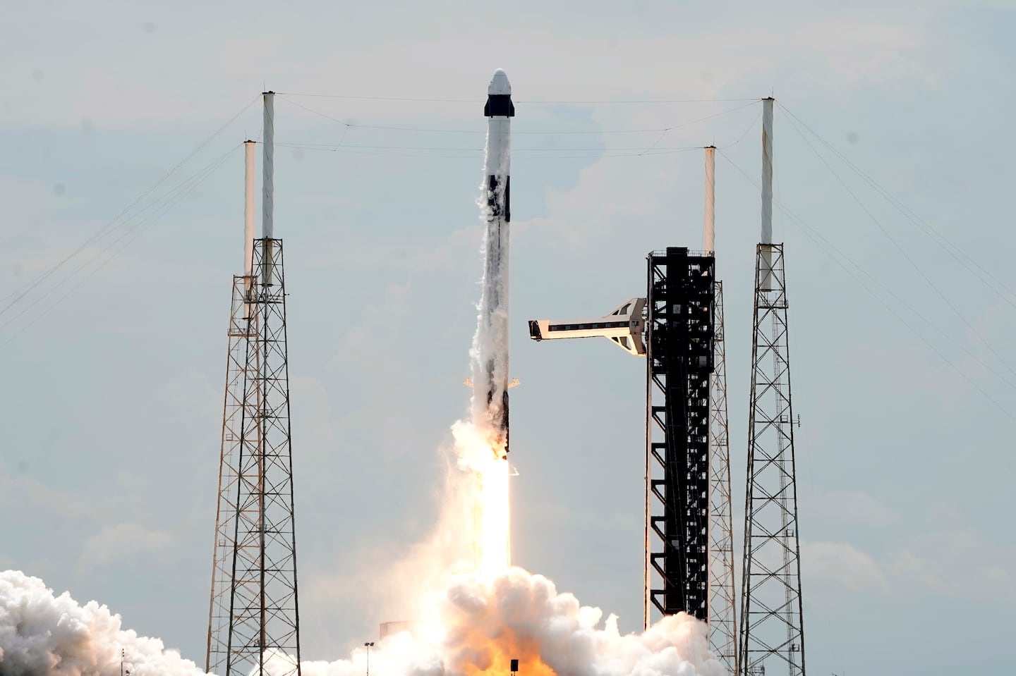 A SpaceX Falcon 9 rocket, with a crew of two astronauts, lifted off from launch pad 40 at the Cape Canaveral Space Force Station Saturday.