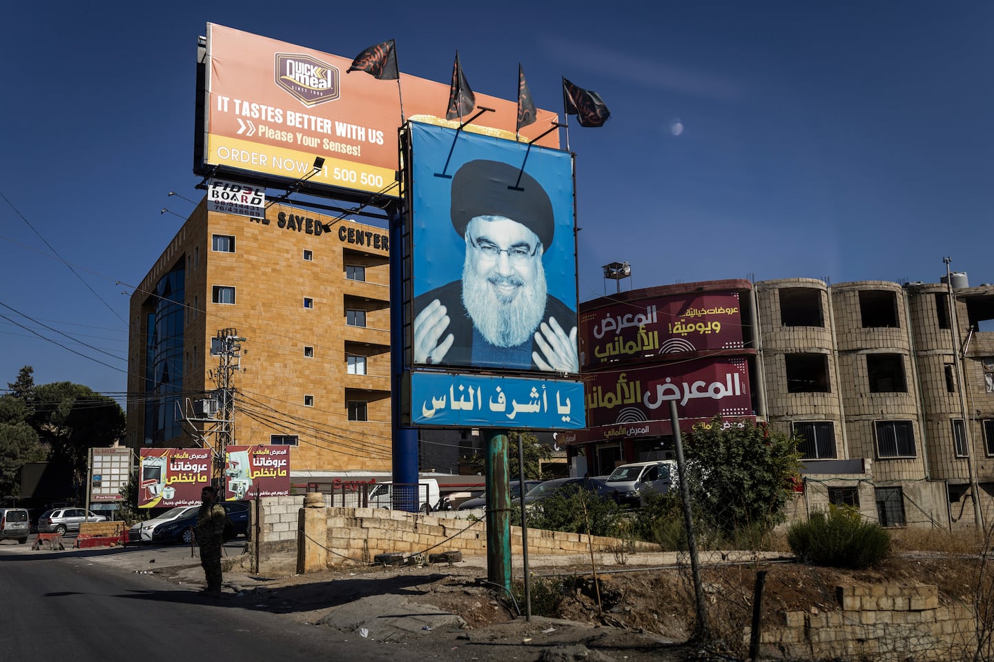 A billboard depicting Hassan Nasrallah, the Hezbollah leader, seen from the streets of the Bekaa Valley in Lebanon on Sept. 25.