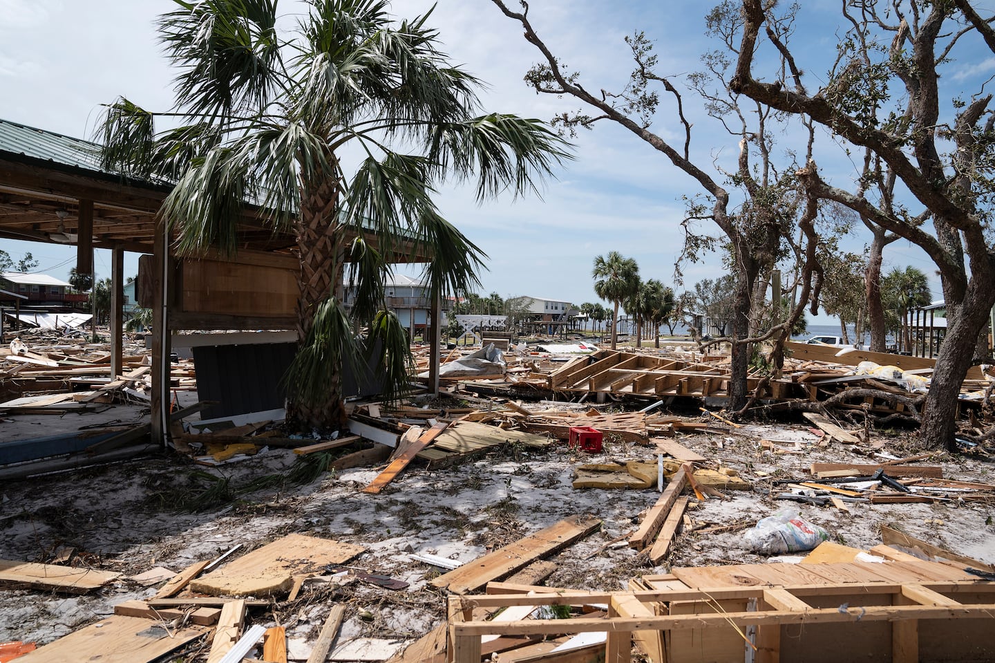 Debris from buildings destroyed during Hurricane Helene in Horseshoe Beach, Fla., on Saturday, Sept. 28, 2024.