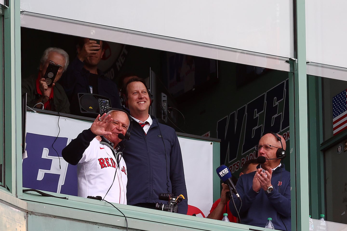 Joined by Will Flemming (middle) and Sean McDonough (right), Joe Castiglione signed off the Red Sox radio broadcast with his annual quote from late commissioner Bart Giamatti.