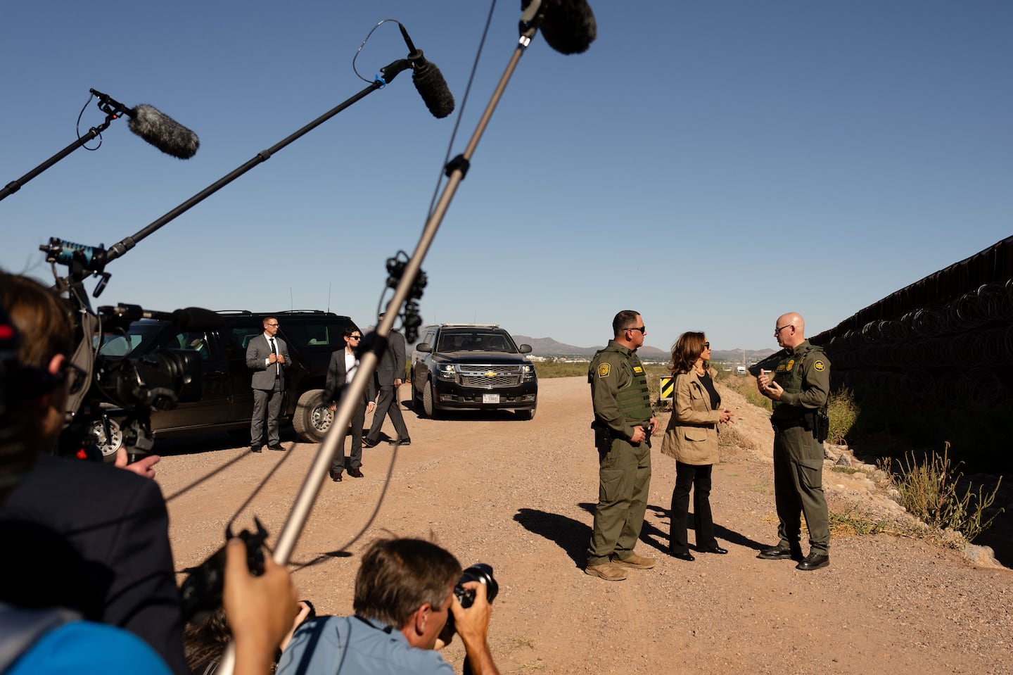 Vice President Kamala Harris spoke with members of US Border Patrol at the border with Mexico in Douglas, Ariz., on Friday.