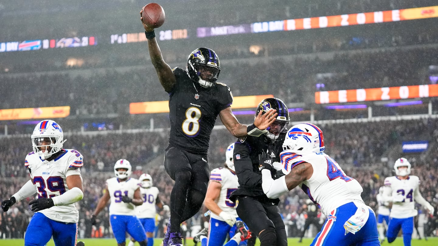 Ravens quarterback Lamar Jackson picked up a block on his way into the end zone in the third quarter.