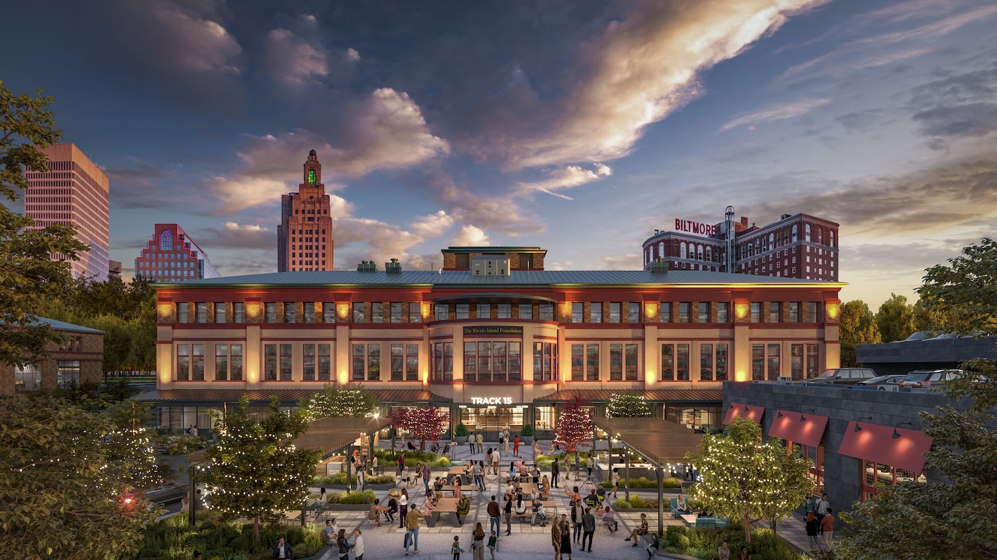 Tech-generated renderings of Track 15, a food hall that is expected to open in Providence, R.I., in late February 2025.