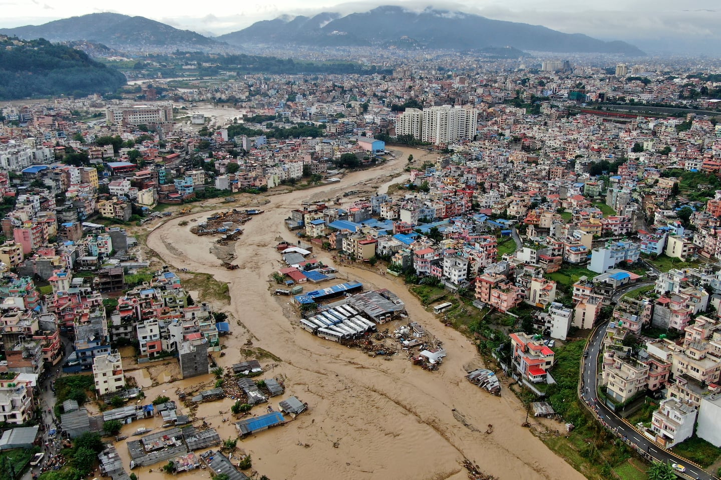 In this aerial image of the Kathmandu valley, Bagmati River is seen flooded due to heavy rains in Kathmandu, Nepal, on Sept. 28.