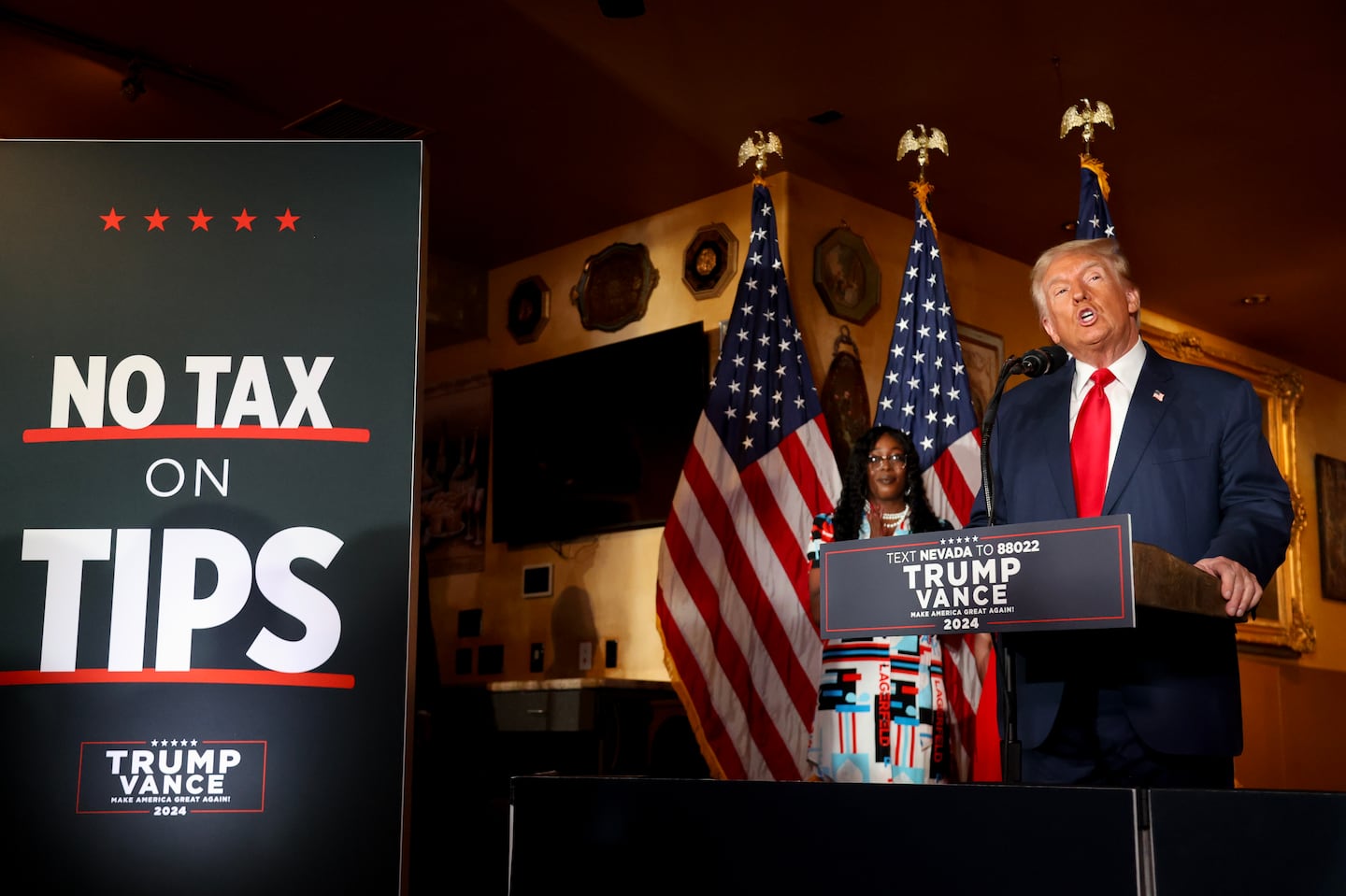 Republican presidential nominee Donald Trump spoke in Las Vegas on Aug. 23 about his proposal to eliminate taxes on tips for service industry employees.