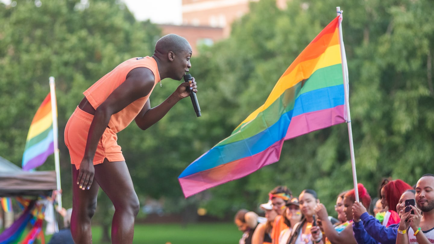 A performer chats with the audience at Hartford Pride. It's one of the images used in a new marketing campaign that Connecticut Tourism is using to attract more gay tourists.