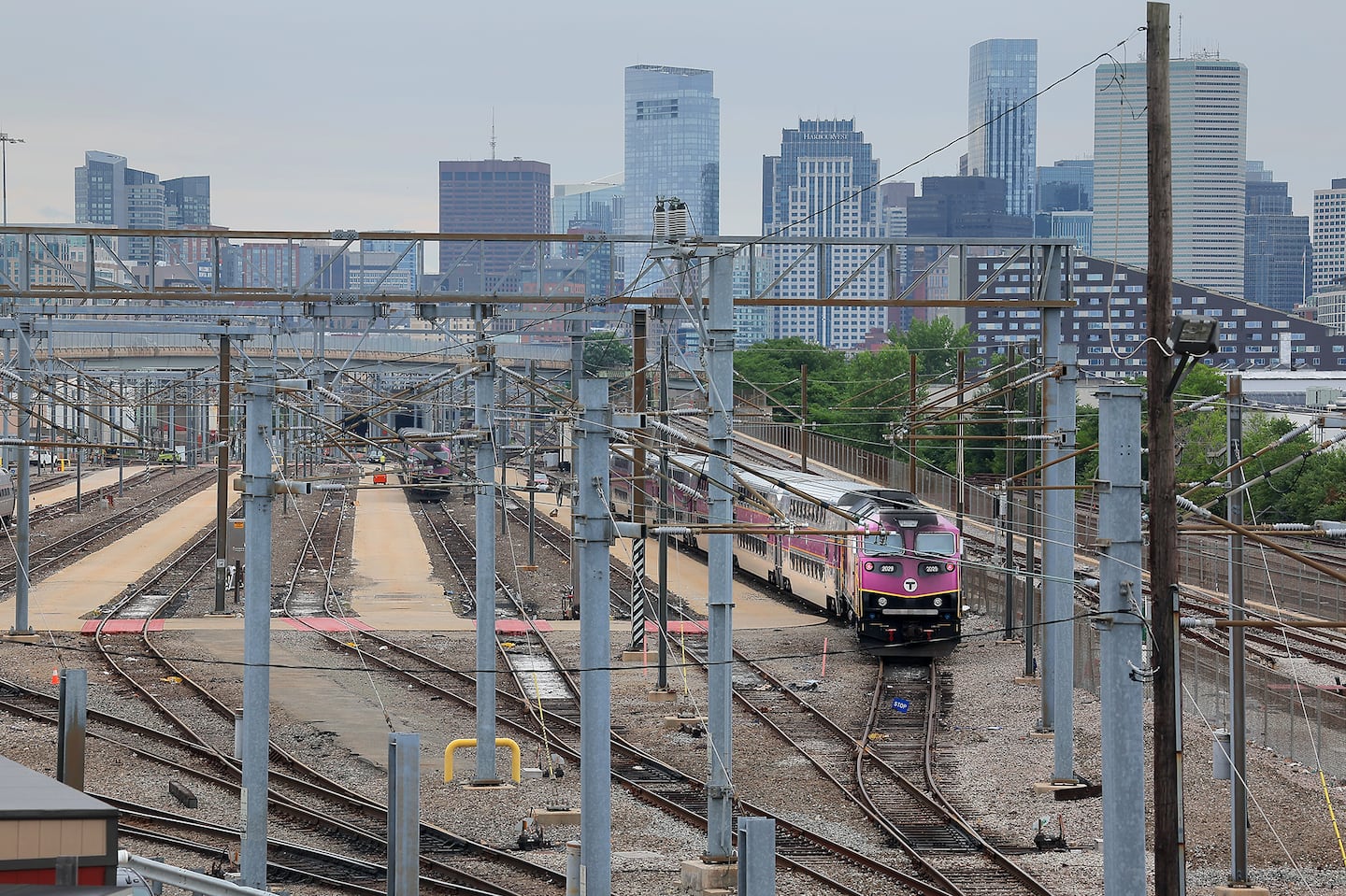 A Commuter Rail train navigated Widett Circle south of downtown. Widett is one of several rail yards around the city that are key to expansion of regional rail service.