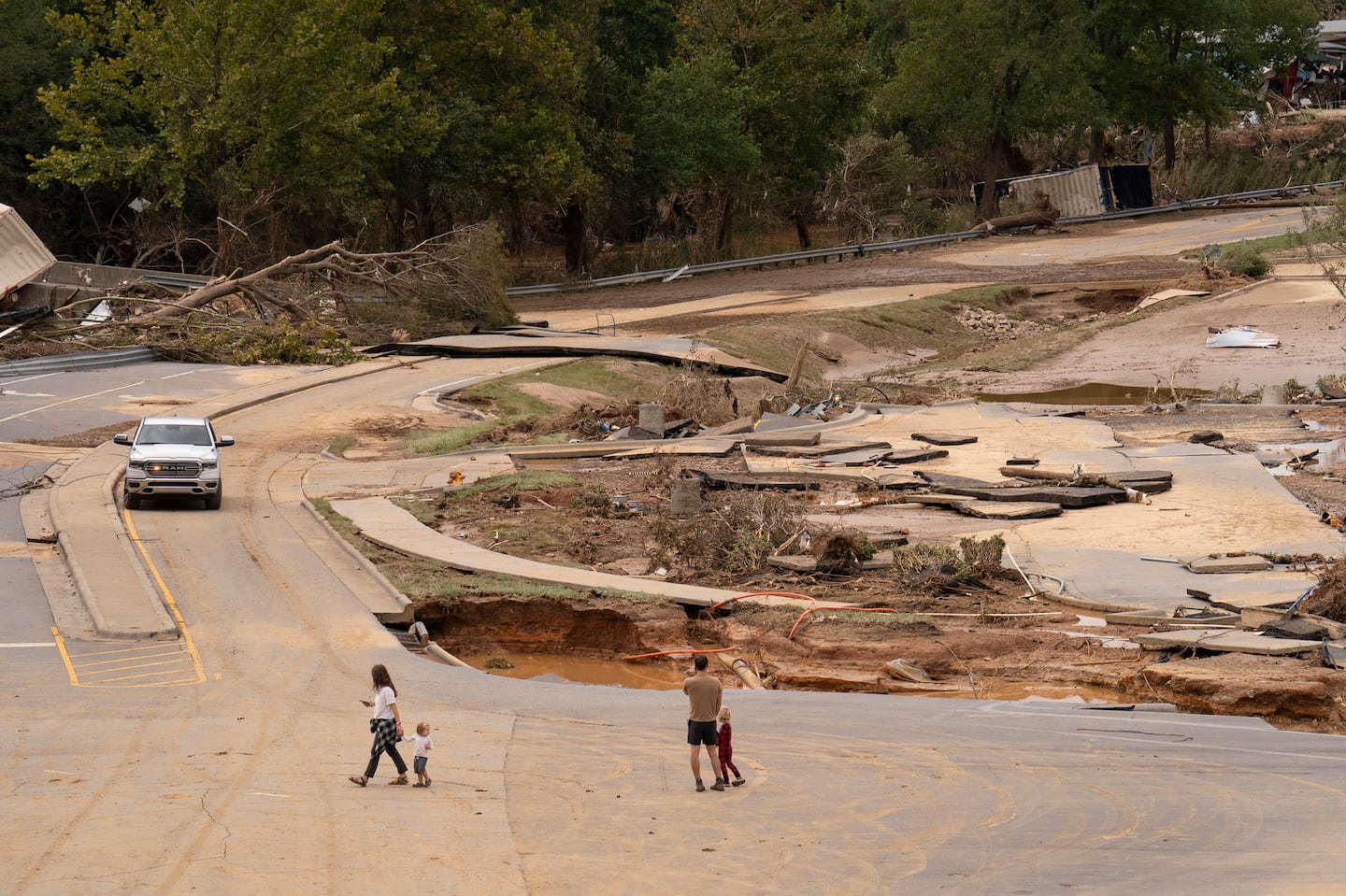 Roads washed out near the Swannanoa River in Asheville, N.C.