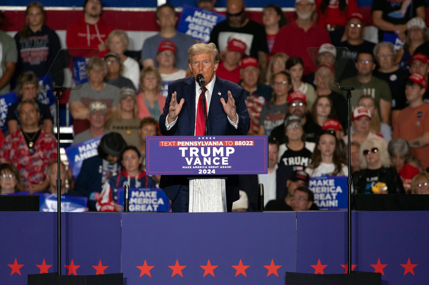 Republican presidential nominee former president Donald Trump speaks during a campaign rally at Bayfront Convention Center in Erie, Pa., Sunday, Sept. 29, 2024.