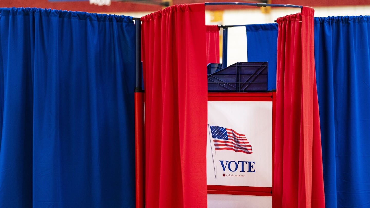 A voting booth at a polling station inside Plymouth Elementary School in Plymouth, New Hampshire, on Jan. 23, 2024.