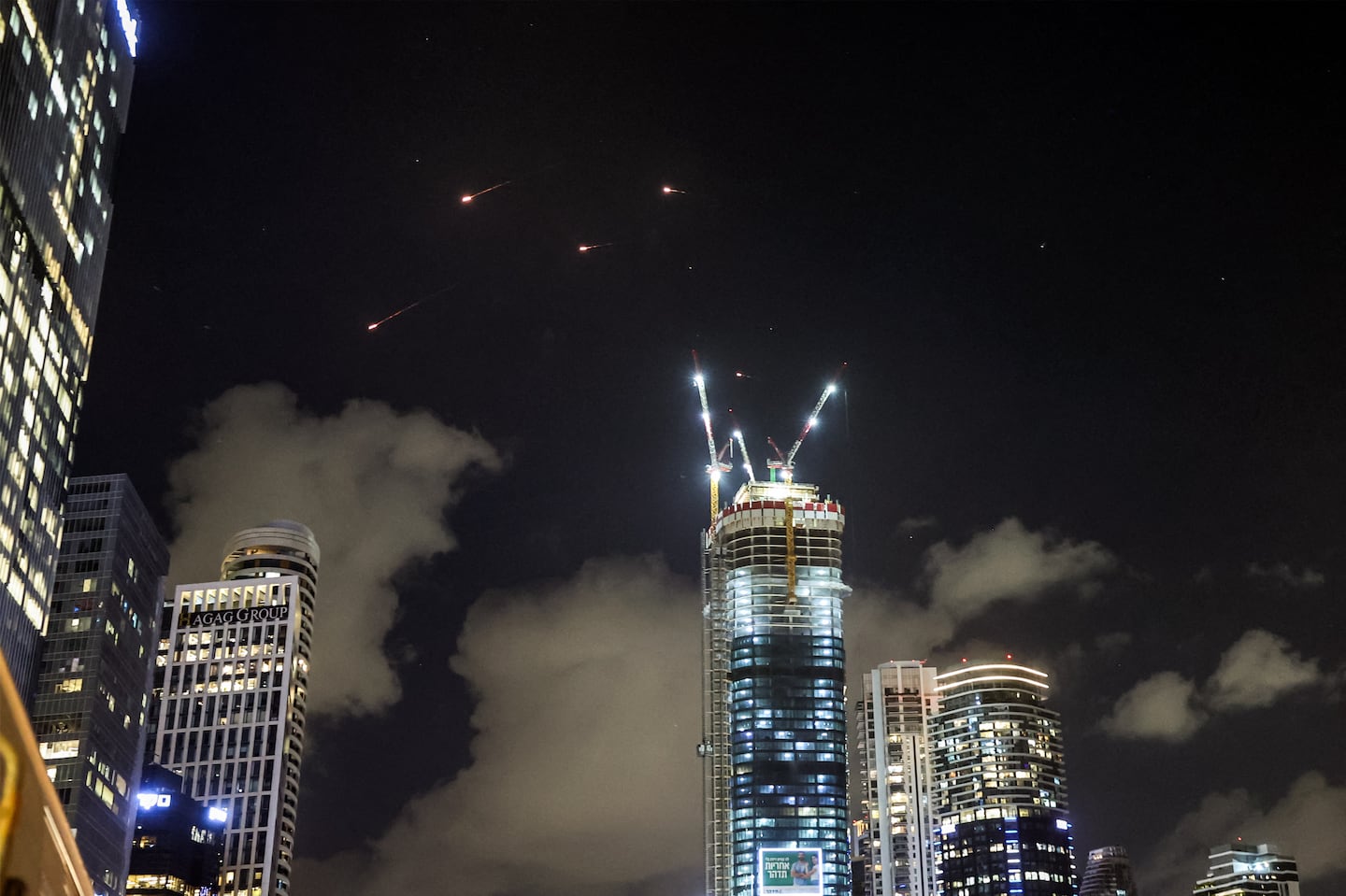 This picture shows projectiles being intercepted by Israel above Tel Aviv on Tuesday.