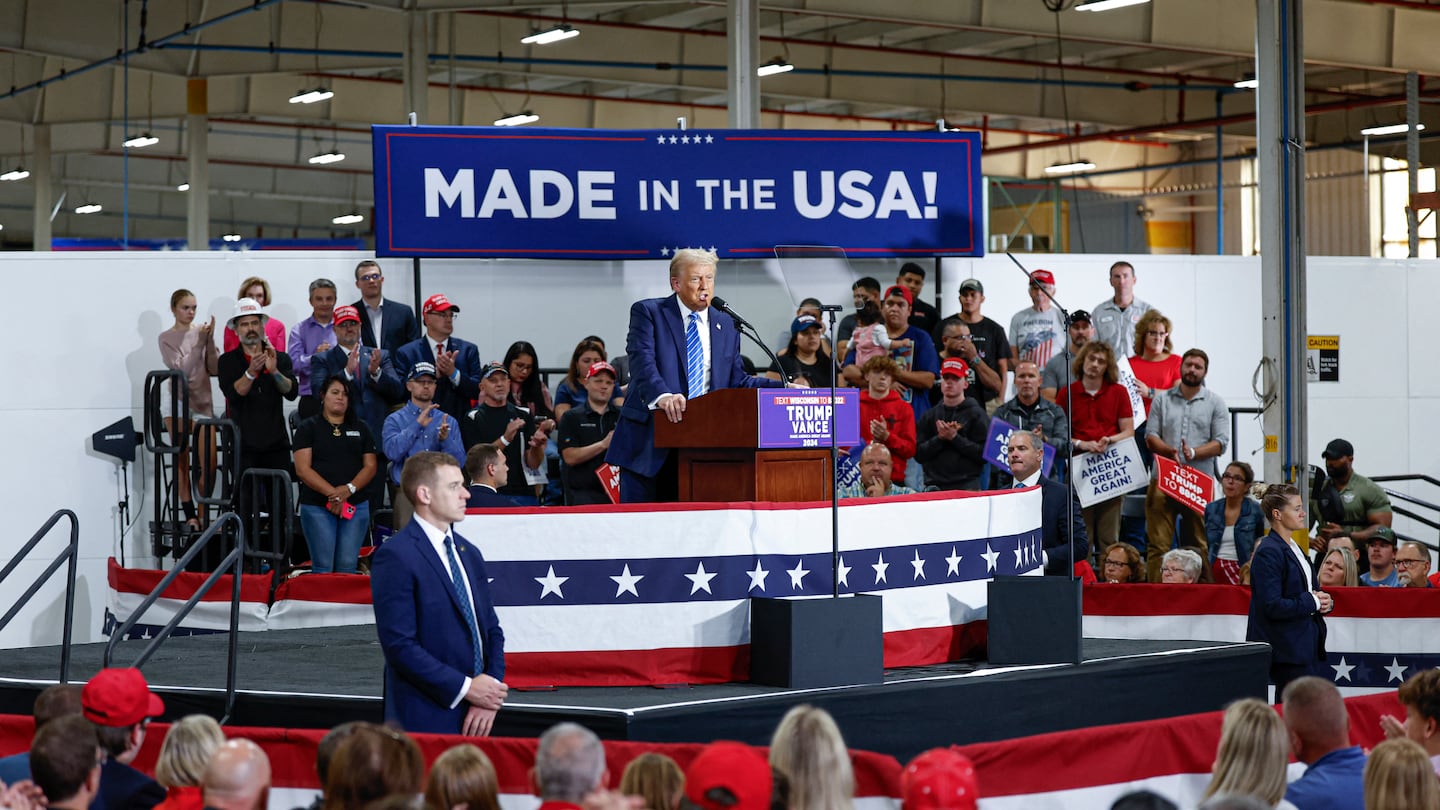 Former president Donald Trump speaks during a campaign event at Dane Manufacturing in Waunakee, Wisconsin, Oct. 1, 2024.