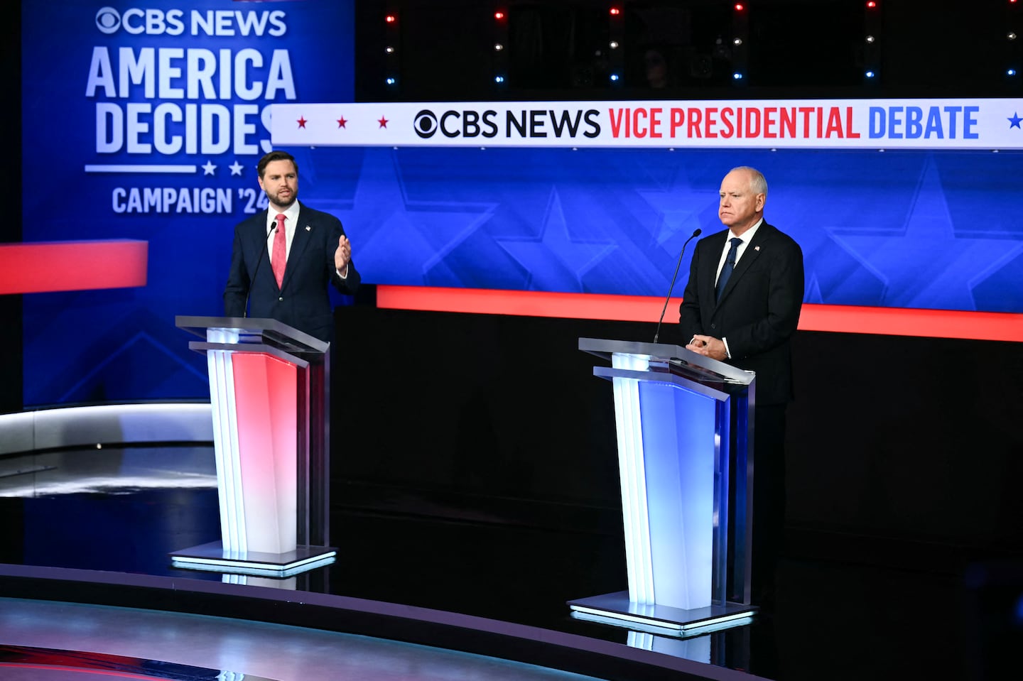 Senator and Republican vice presidential candidate J.D. Vance, left, and Minnesota Governor and Democratic vice presidential candidate Tim Walz participated in the Vice Presidential debate hosted by CBS News in New York City.