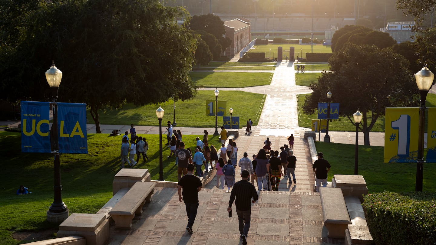 Prospective students and their families during a tour of the University of California, Los Angeles campus, on Sept. 5, 2023.