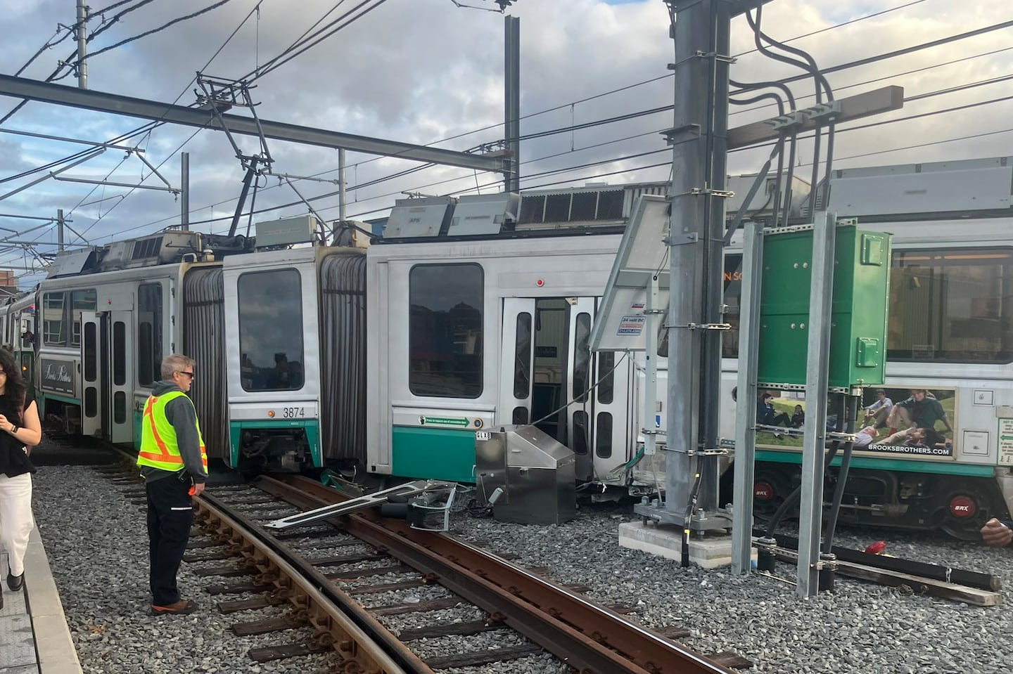 A Green Line train derailed near the Lechmere Station in Cambridge on Tuesday.